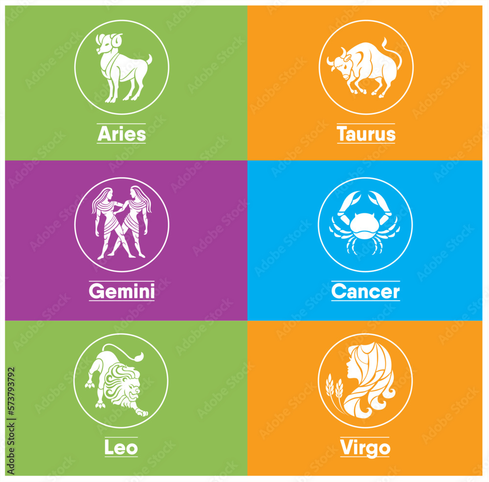 Set of zodiac signs icons. Aries, Leo, Gemini, Taurus, Scorpio, Aquarius, Pisces, Sagittarius, libra, Virgo, Capricorn, and cancer. Vector illustration