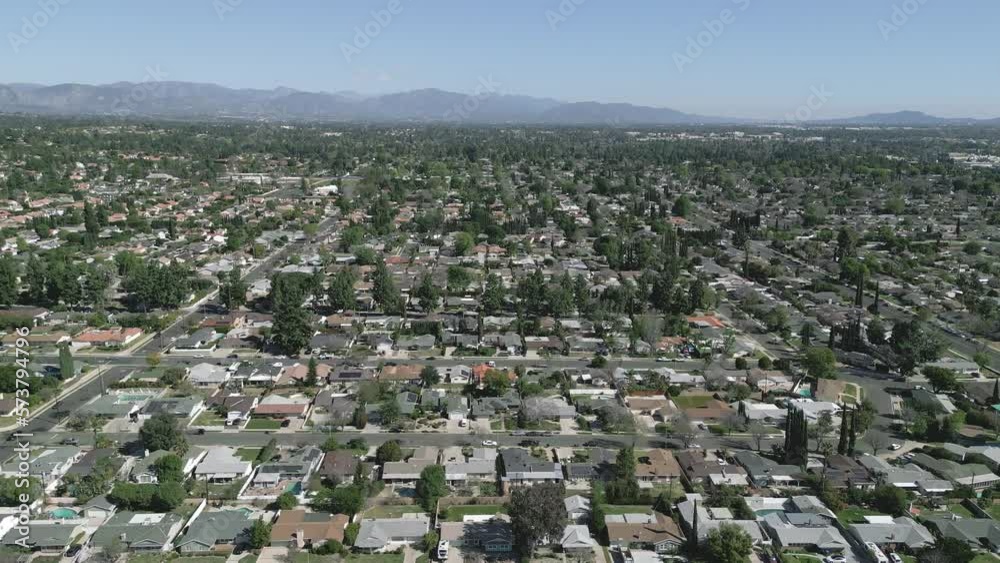 A view of San Fernando Valley, in the vicinity of Chatsworth and Northridge, is shown from an