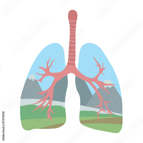Drawn human lungs with mountain landscape on white background