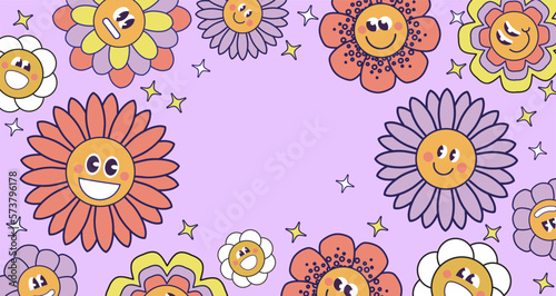 Seventies retro Flower Power background with hippie flowers. International Womens day. 8th March Day. Mothers day. Colorful pastel illustration in 70s 60s vintage style.