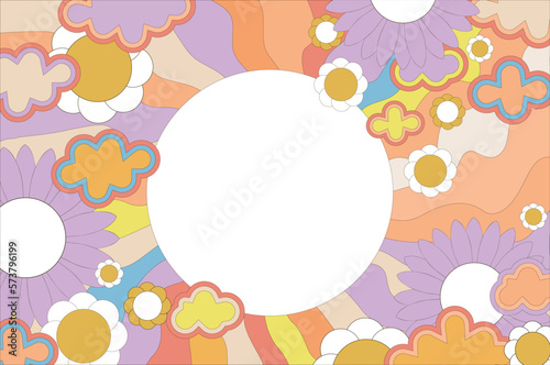 Groovy retro swirl sunburst with rays or stripes and flowers and circle frame in the center retro 60s 70s. Clouds. Summer sunshine and carnival background. Pastel color.