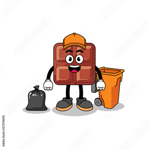 Illustration of chocolate bar cartoon as a garbage collector