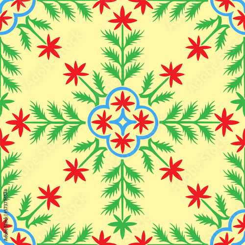 Seamless repeatable pattern. Leaves and flowers. Modern geometric Folk style. Colorful and smart graphic design. Vector EPS10. 