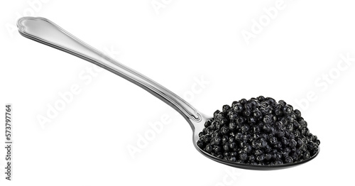 Spoon with black sturgeon caviar isolated. PNG transparency