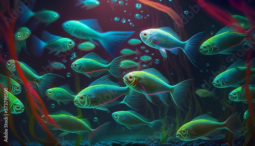 Neon tetras swimming in a brightly lit aquarium