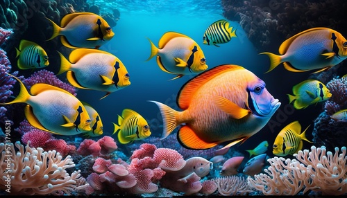 Tropical fish swimming through a coral reef