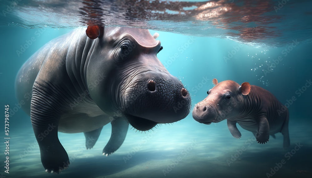 A cute baby hippo playing in the water with its mother - obrazy, fototapety, plakaty 