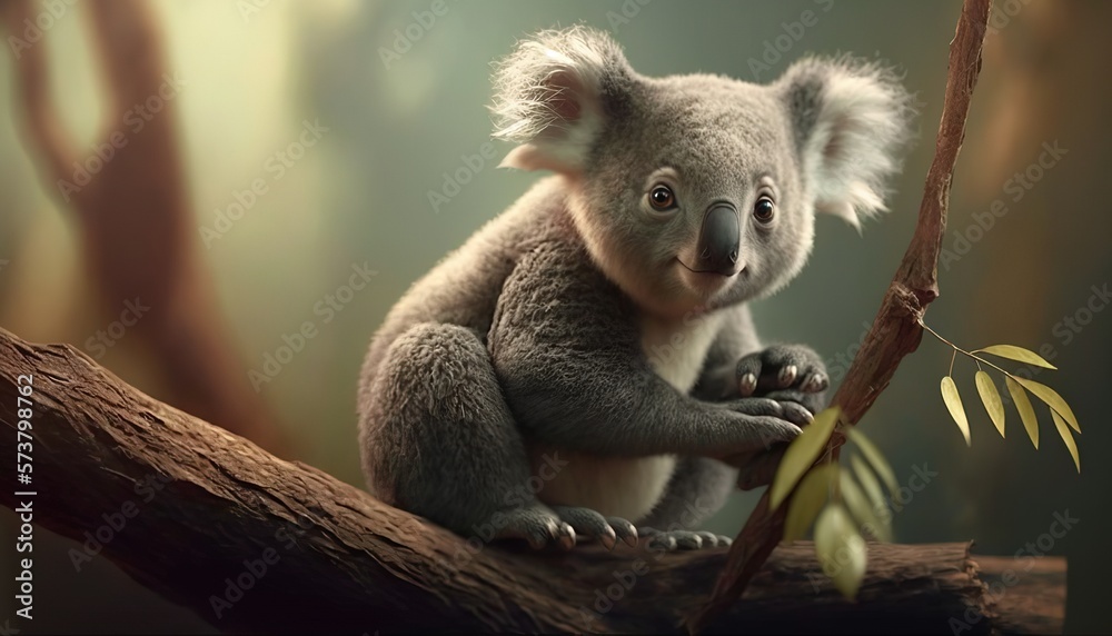 Fototapeta premium A majestic koala perched at the top of a tall eucalyptus tree