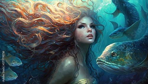 Fotografia close up portrait of beautiful mermaid under water swimming with fish, Generativ