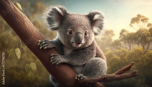 A majestic koala perched at the top of a tall eucalyptus tree