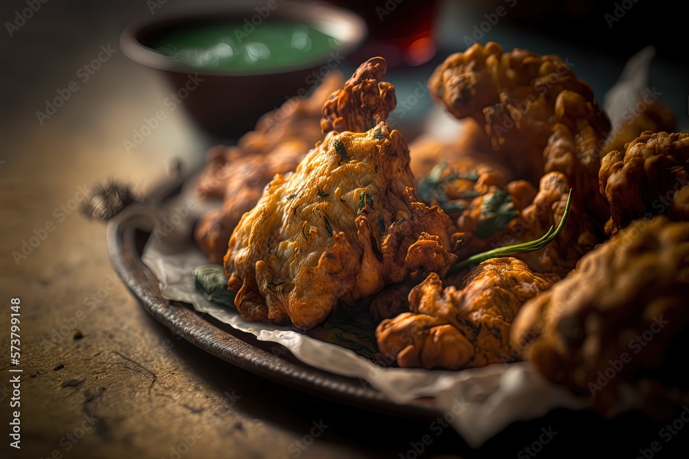 close up yummy Indian dish, Pakora ,  Generative Ai