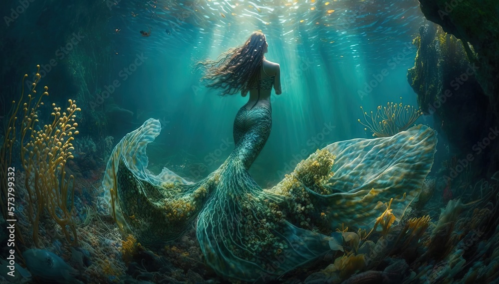 Obraz premium beautiful mermaid swimming under water with light shine trough water surface, Generative Ai