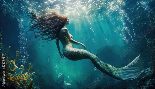 beautiful mermaid swimming under water with light shine trough water surface, Generative Ai