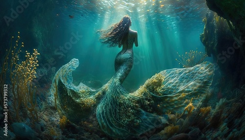 Fotografiet beautiful mermaid swimming under water with light shine trough water surface, Ge