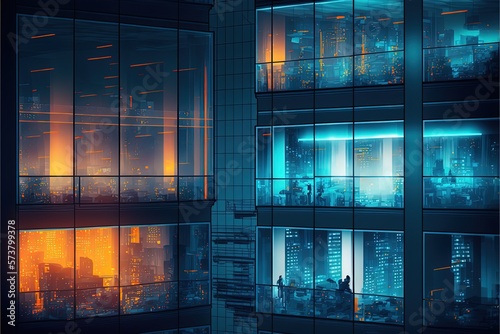 illustration abstract background of high building glass surface in urban city at night time, generative Ai