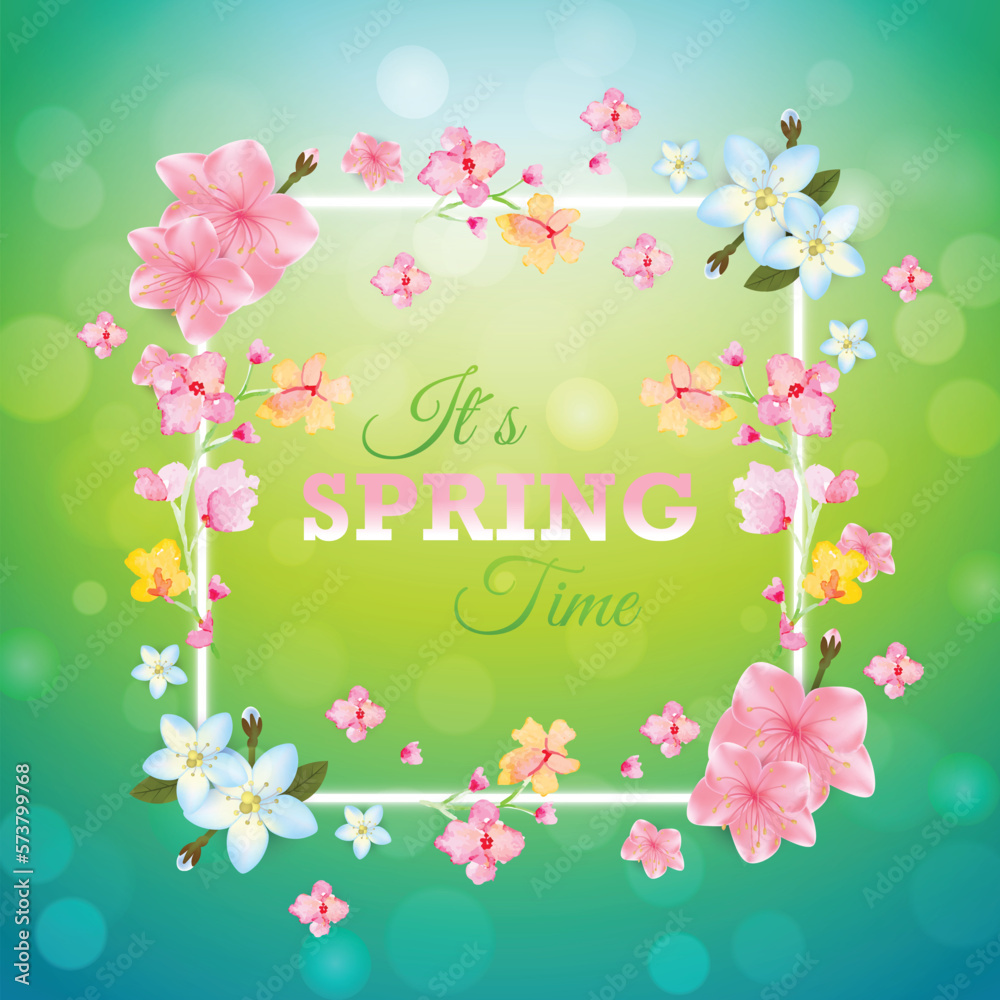 Realistic spring background design with flowers.