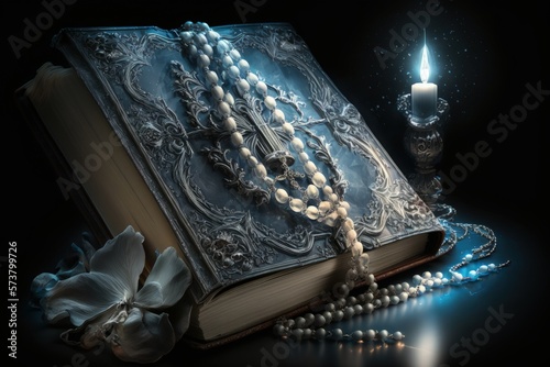 A rosary and an old Bible are displayed in front of a dramatic light source. Generative AI