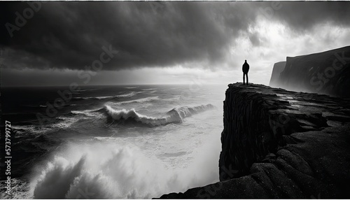 Photographie A dramatic black and white photo of a solitary figure standing at the edge of a windswept cliff, with the ocean crashing against the rocks far below, creating a sense of solitude and isolation