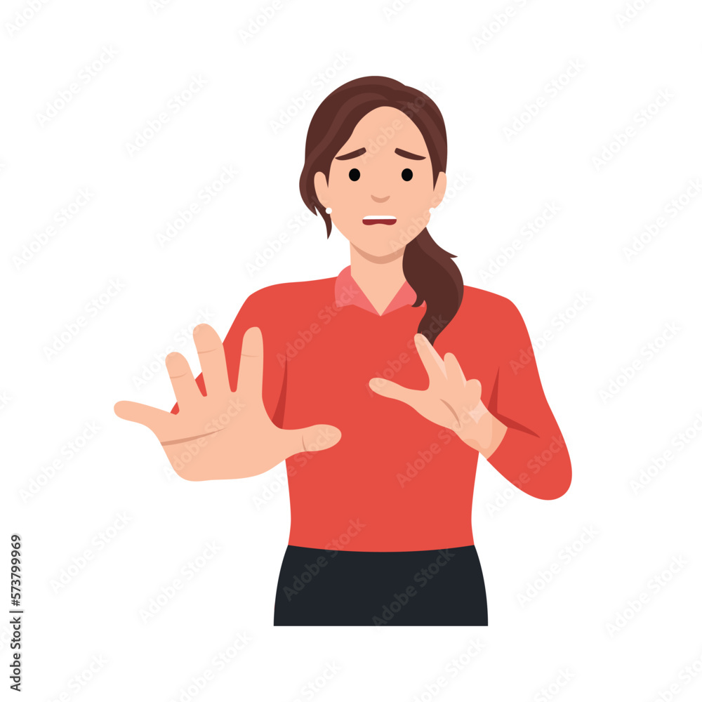 Scared young woman show no hand gesture. Terrified female feel frightened and stressed ask to stop. Emotion and fear concept. Flat vector illustration isolated on white background Scared young woman show no hand gesture. Terrified female feel frightened and stressed ask to stop. Emotion and fear concept. Flat vector illustration isolated on white background