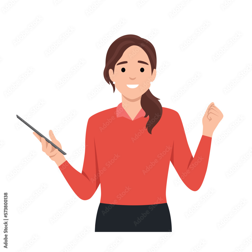 Young woman excited celebrating using mobile phone or tablet or gadget. Flat vector illustration isolated on white background Young woman excited celebrating using mobile phone or tablet or gadget. Flat vector illustration isolated on white background