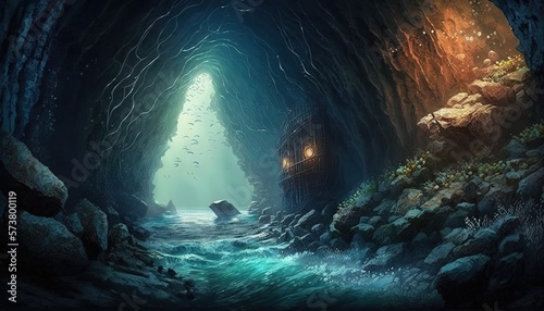 mystery water creek cave, underwater cave, idea for background wallpaper, Generative Ai
