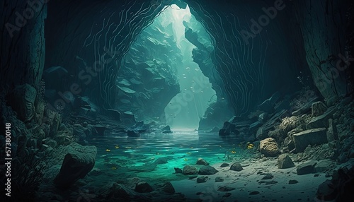 mystery water creek cave, underwater cave, idea for background wallpaper, Generative Ai