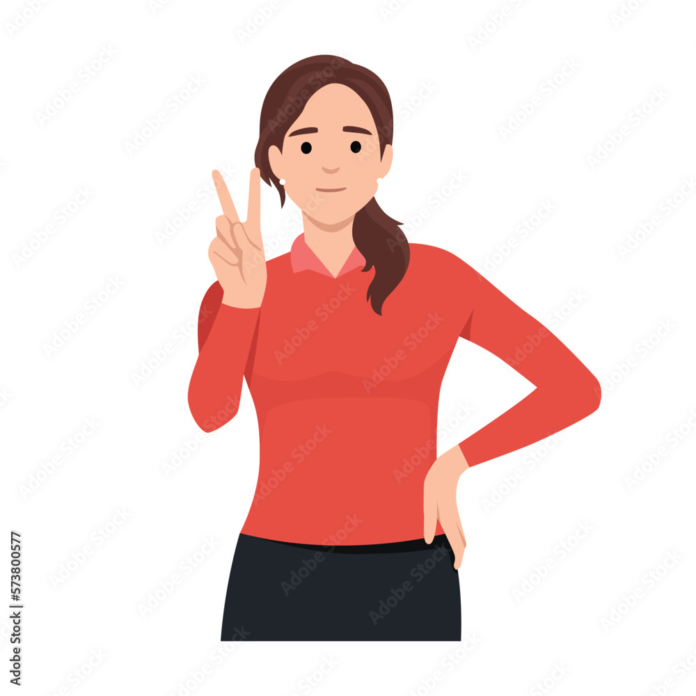 Happy girl shows hand gesture, victory sign. Portrait of beautiful young woman. Flat vector illustration isolated on white background Happy girl shows hand gesture, victory sign. Portrait of beautiful young woman. Flat vector illustration isolated on white background