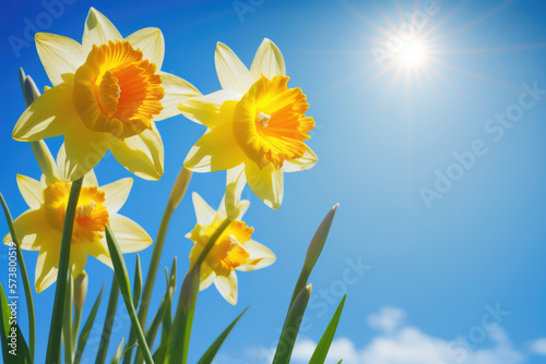 Daffodil spring flowers against a background of blue sky