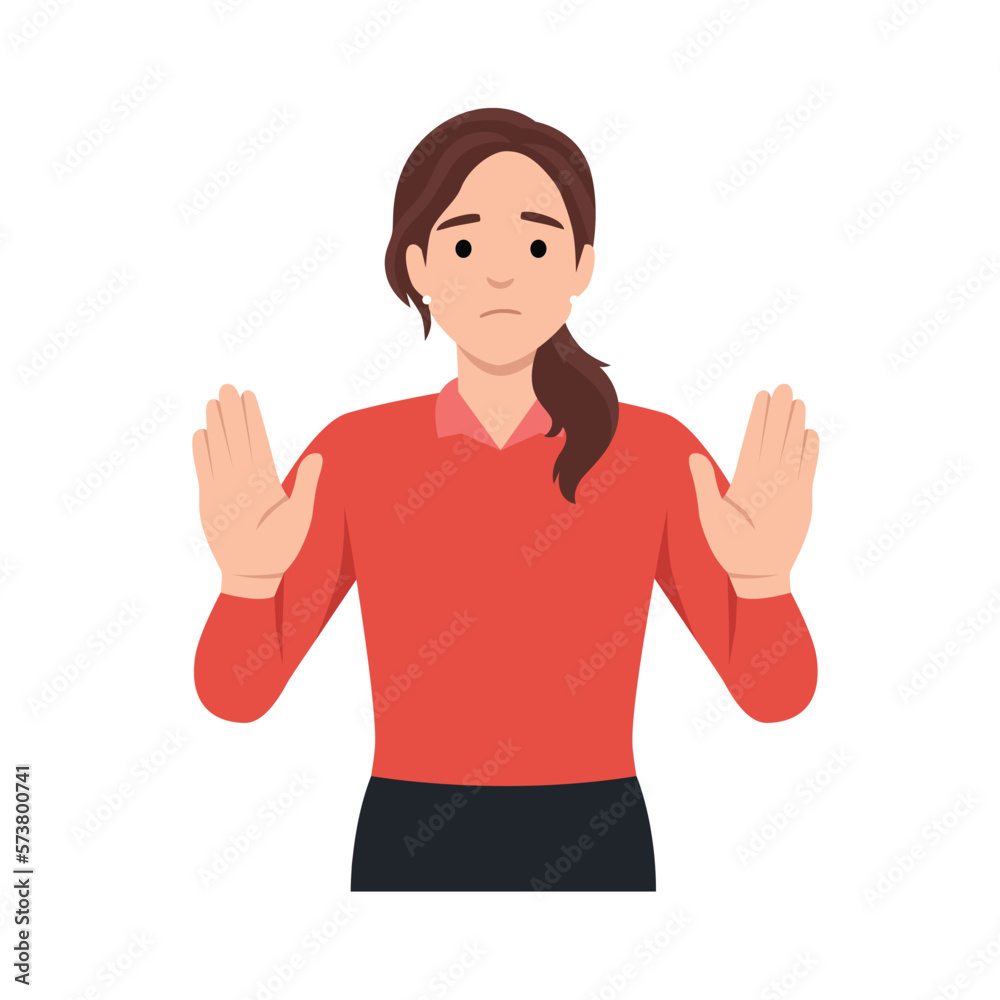 businesswoman is expressing refusal. The woman says STOP with the gesture. The girl expresses protest and disagreement. Body language and nonverbal communication. Flat vector illustration businesswoman is expressing refusal. The woman says STOP with the gesture. The girl expresses protest and disagreement. Body language and nonverbal communication. Flat vector illustration
