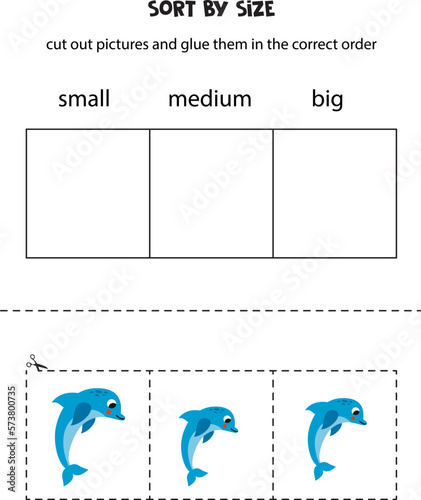Sort blue dolphin by size. Educational worksheet for kids. © Milya Shaykh