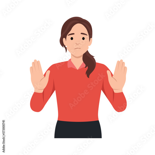 businesswoman is expressing refusal. The woman says STOP with the gesture. The girl expresses protest and disagreement. Body language and nonverbal communication. Flat vector illustration