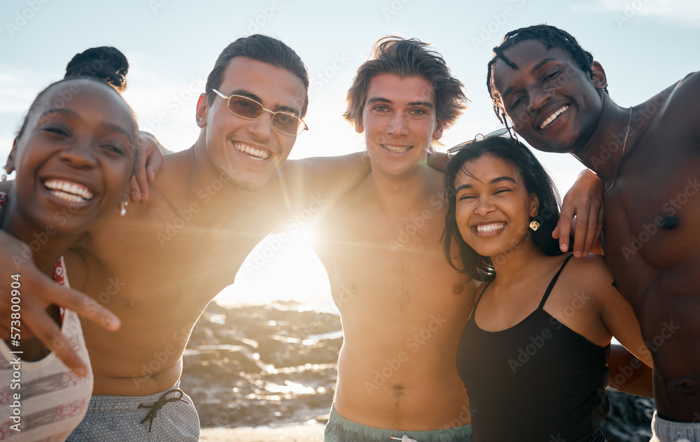 Friends, portrait or embrace on beach in group vacation, social gathering or sunset summer holiday in profile picture. Men, women or diversity people in hug, travel bonding or happy community support Friends, portrait or embrace on beach in group vacation, social gathering or sunset summer holiday in profile picture. Men, women or diversity people in hug, travel bonding or happy community support