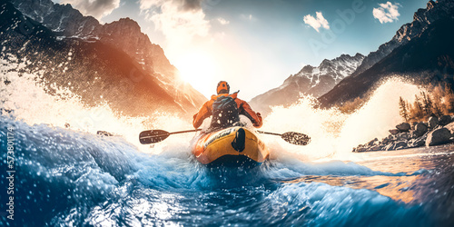 Banner Extreme sport rafting. Kayak sails on river Alps mountain with sun light. Generation AI