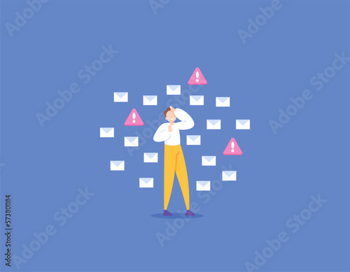 warning from email or spam messages. an angry man and uncomfortable because get many incoming messages. attacked by messages spammers. illustration concept design. design element