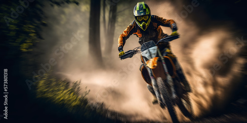 Banner Extreme motocross sport. Rider dirt biker Motocross riding in forest with dust. Generation AI