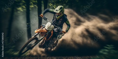 Banner Extreme motocross sport. Rider dirt biker Motocross riding in forest with dust. Generation AI