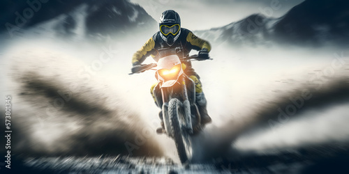 Extreme motocross jump on bike, mountain background. Action photo banner. Generator AI
