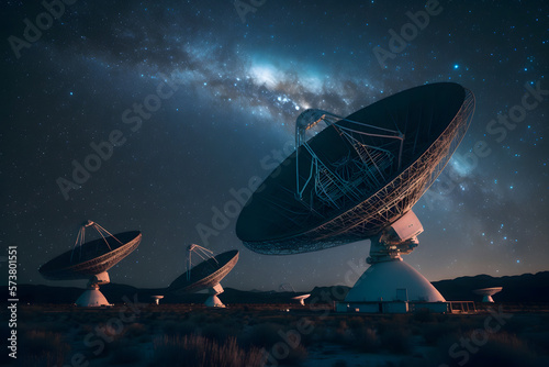 Radio telescopes night sky with Milky Way. Concept search for exoplanets, detection of aliens. AI generation