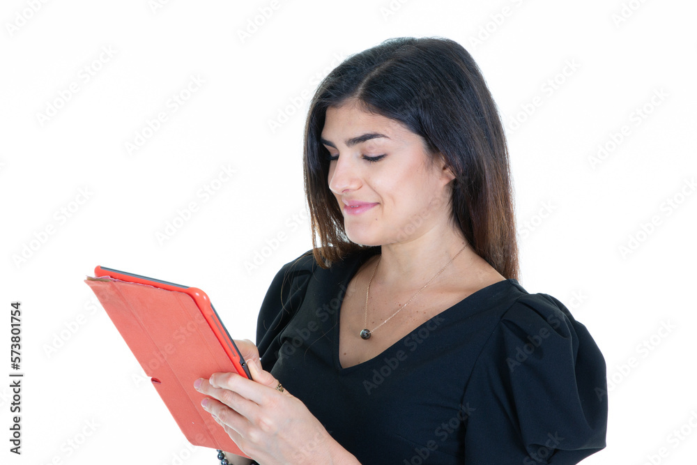 Smiling business girl,office using digital tablet for work, standing on white background Smiling business girl,office using digital tablet for work, standing on white background