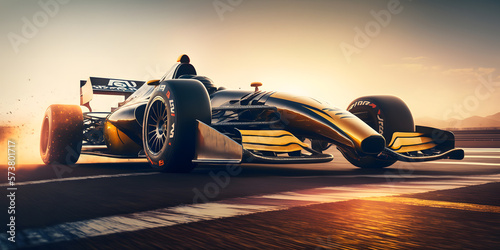 Amazing Motorsport Banner. High speed move Race car formula for competitions on track, sun light. Generation AI © Adin