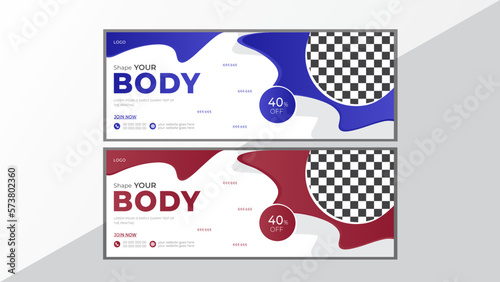 Fitness and gym social media cover or web banner design template. customizable Facebook cover.  web ads banner template Design social banners for the gym with images.