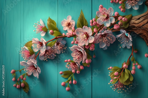 Pink cherry flowers against a blue wooden background