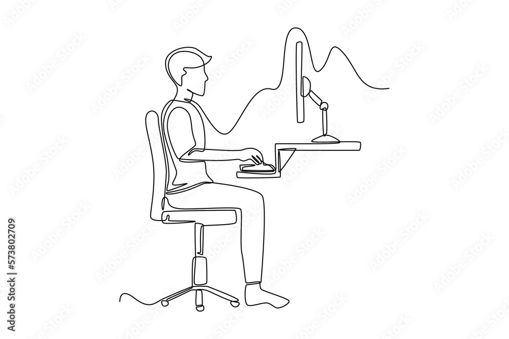 Single one line drawing correct male sitting position while working. Healthcare at office concept. Continuous line draw design graphic vector illustration. Single one line drawing correct male sitting position while working. Healthcare at office concept. Continuous line draw design graphic vector illustration.