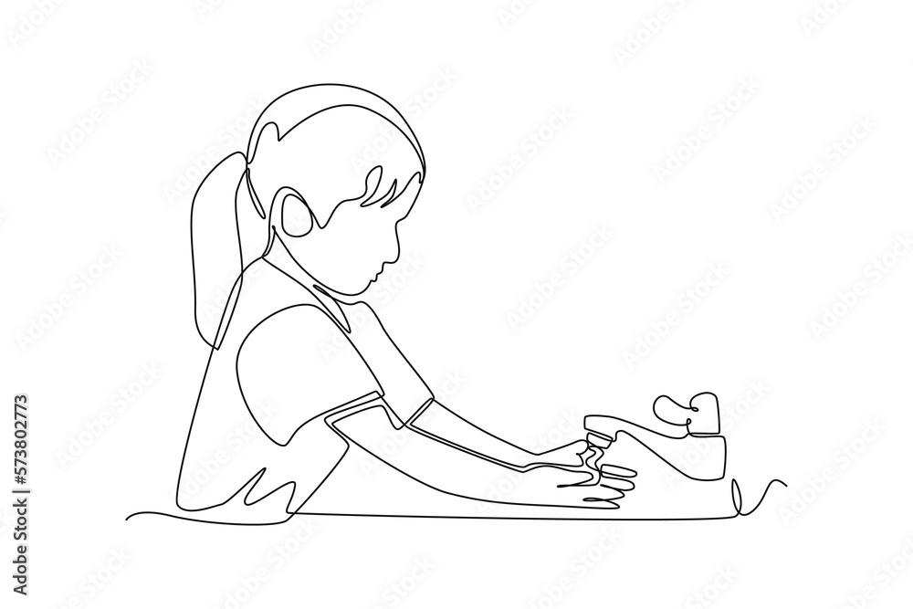 Single one line drawing happy cute little kid girl wash hand in sink. Healthcare at school concept. Continuous line draw design graphic vector illustration.