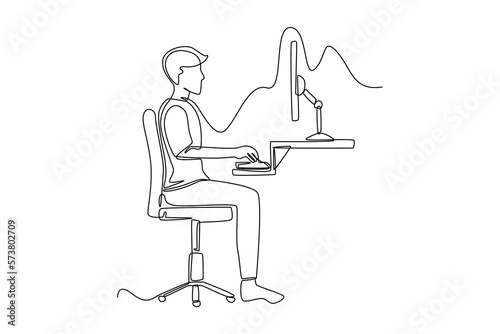 Single one line drawing correct male sitting position while working. Healthcare at office concept. Continuous line draw design graphic vector illustration.
