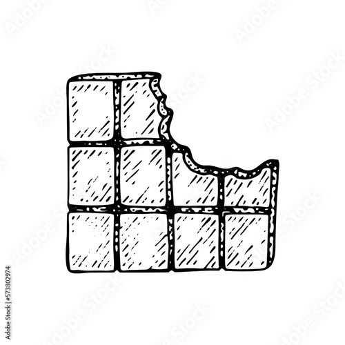 Chocolate bar with teeth bite marks sketch. Yummy candy. Delicious dessert. Cocoa product. Hand drawn vector doodle illustration.