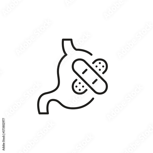 Stomach with bandaid. Gastroenterology medical assistance. Pixel perfect, editable stroke icon