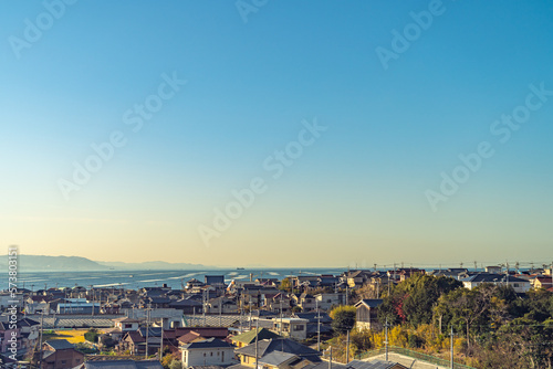 Akashi city cityscape in sun set time with clear blue sky background. Hyogo Prefecture, Japan