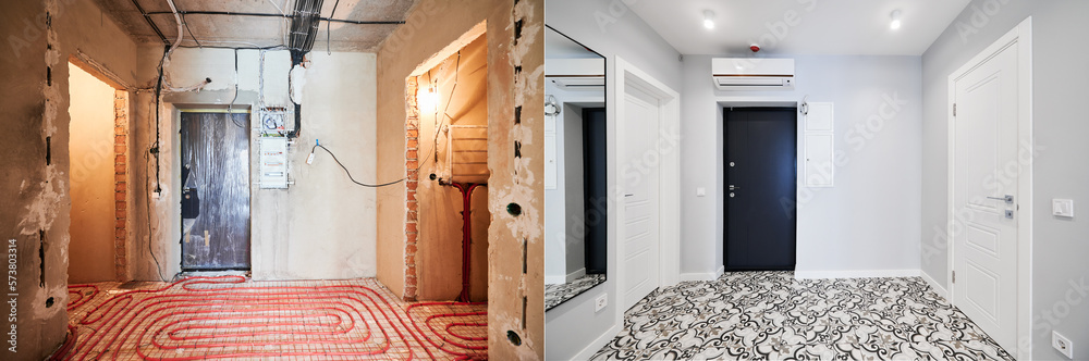 Comparison of old flat with underfloor heating pipes and new renovated  apartment with modern interior design. Hallway with heated floor before and  after renovation. Photos | Adobe Stock