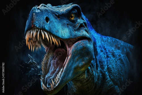 Angry blue Tyrannosaurus rex. T. Rex, Tyrannosaurus rex, Blue roaring tyrannosaurus, and more names for this terrifying dinosaur. A prehistoric dinosaur that ate meat. Generative AI